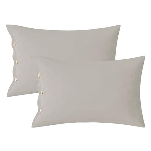 JELLYMONI 100% Washed Cotton Pillowcases Set with Button Closure, 2 Pack Standard(20×26) - Linen Grey