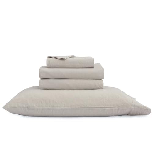 BESTOUCH Solid Linen Grey Queen Sheet Set 100% Washed Cotton