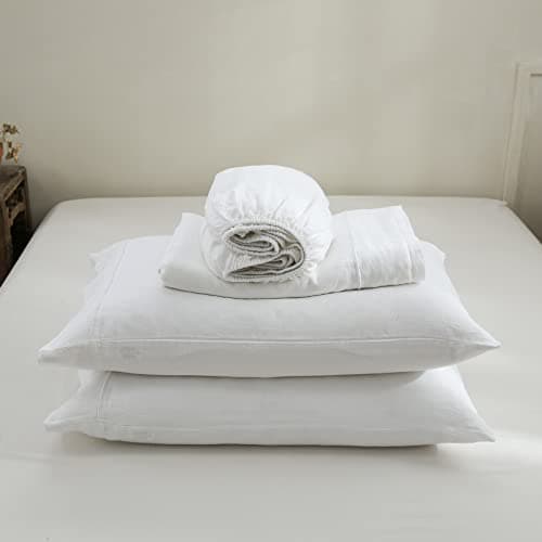 Simple & Opulence Pure Linen Full Size Sheet Set - 4 Pcs Natural Embroidery