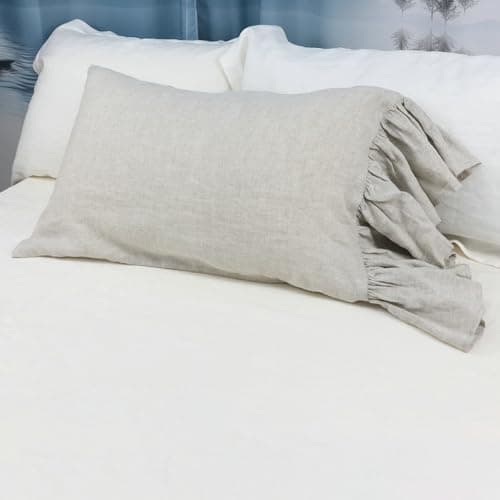 100% French Linen Queen Size Ruffled Pillowcase, Flax Flavoured (1 Pack)