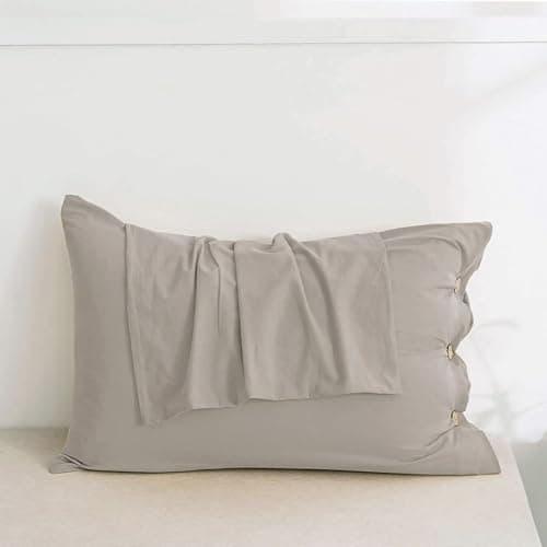JELLYMONI 100% Washed Cotton Pillowcases Set with Button Closure, 2 Pack Standard(20×26) - Linen Grey