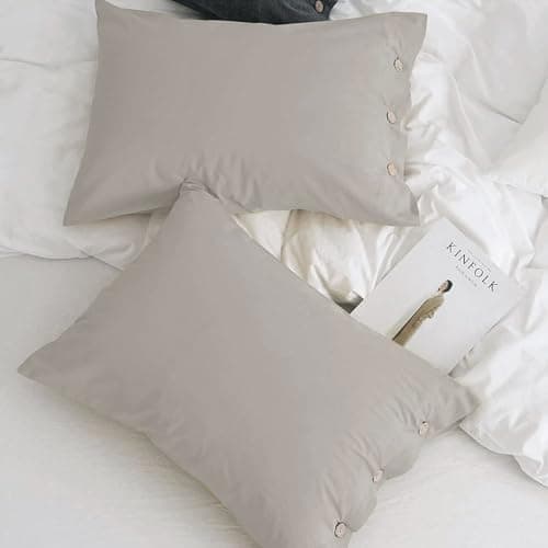 JELLYMONI 100% Washed Cotton Pillowcases Set with Button Closure, 2 Pack Standard(20×26) - Linen Grey