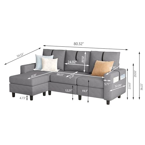 Modern 3-Seat L Shaped Sectional Sofa with Reversible Ottoman, Light Grey Linen Fabric