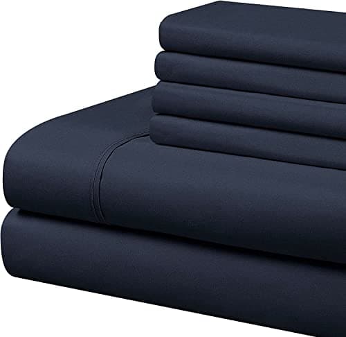 100% Organic Cotton Full-XL Bed Sheets & Pillowcases - Navy Blue, 12" Deep Pocket Fit, Luxury Soft 6-Piece Set
