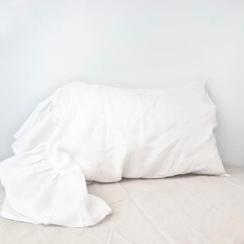 100% French Linen Queen Size Ruffled Pillowcase, Flax Flavoured (1 Pack)