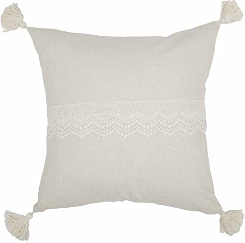 Vintage Farmhouse Flax and Lace Throw Pillow Cover, Natural Cream Tassels