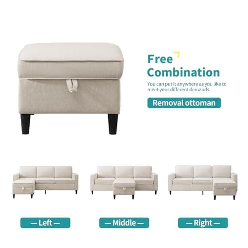 Convertible L-Shaped Linen Couch with Reversible Ottoman