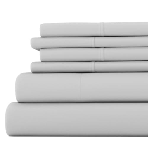 6 Piece Linen Bed Sheet Set, Light Gray, California King