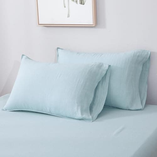 100% Linen Pillowcases Set of 2, Aqua Blue, Standard Queen Size