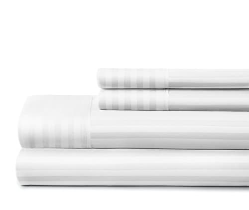 Embossed 4 Piece Sheet Set for California King Bed, White Stripe Pattern