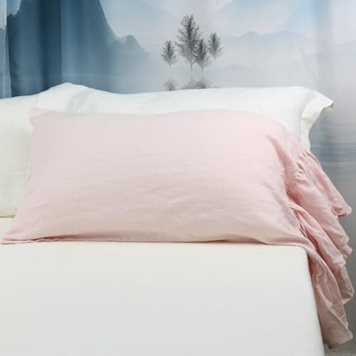 100% French Linen Queen Size Ruffled Pillowcase, Flax Flavoured (1 Pack)