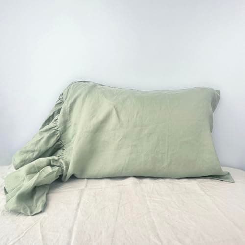 100% French Linen Queen Size Ruffled Pillowcase, Flax Flavoured (1 Pack)
