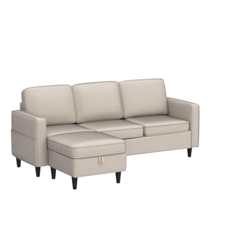 Convertible L-Shaped Linen Couch with Reversible Ottoman