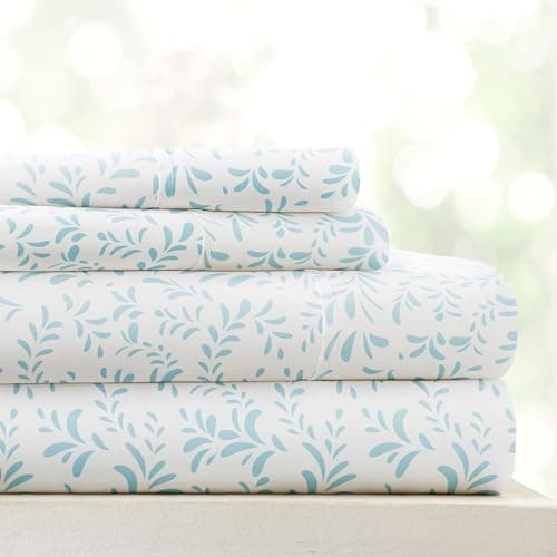 Ultra-Soft Cooling King Bed Sheet Set - Light Blue Vines
