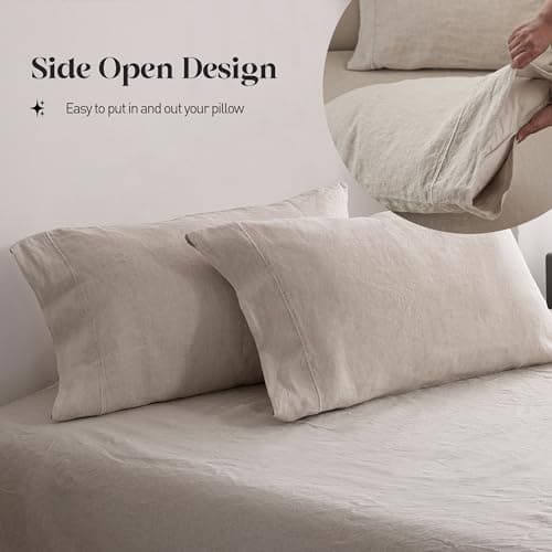 100% Washed Linen Sheet Set - King Size - Natural France Flax - 4 Piece Breathable Ultra Soft Farmhouse Bedding - Embroidery Linen