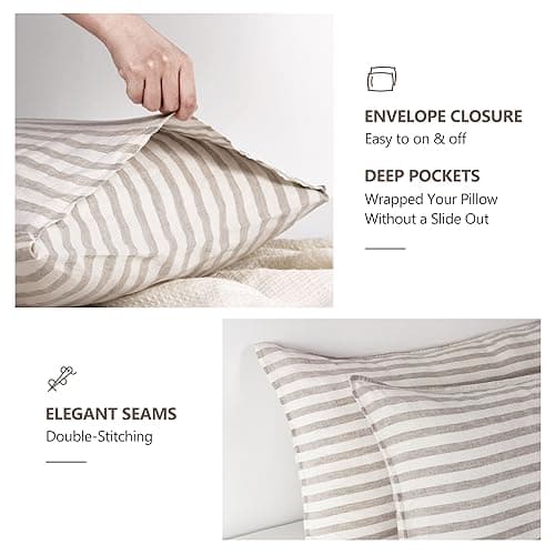 Set of 2 Striped Linen Pillow Cases, 20x30 Standard/Queen Size, 100% French Natural Flax Soft Linen Pillowcases