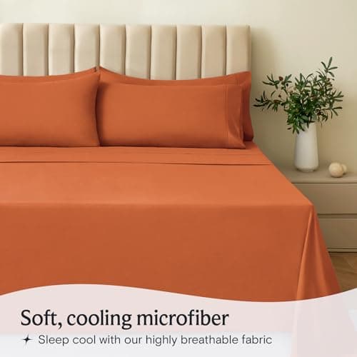 LuxClub 4 PC Queen Sheet Set, Deep Pockets, Cooling, Wrinkle Free, Silk Soft, Autumn Orange
