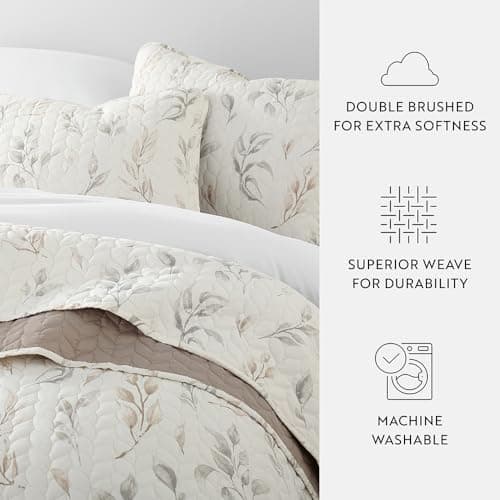 King Watercolor Leaves Latte Quilts in Linen Market