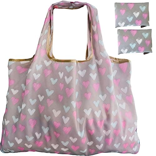 Foldable Reusable Grocery Bags with Long Handles and Fold-Up Pouch