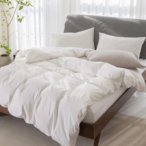 100% Washed Cotton Linen Like King Duvet Cover Set - Ultra Soft & Breathable, 3 Pieces (Off White)