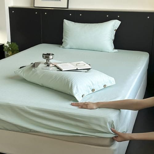Light Green Thin Stripe 59"x79" Long Staple Cotton Queen 3 Piece Sheet Set