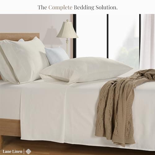 Lane Linen 100% Cotton Full Size Sateen Sheets Set - 600 Thread Count Ivory