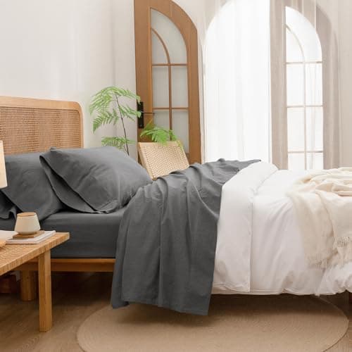 BESTOUCH Solid Linen Grey Queen Sheet Set 100% Washed Cotton