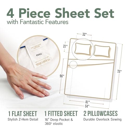 TEXAS LINEN CO. 100% Organic Cotton Percale Sheets - Full Size, Blush, 16" Pocket