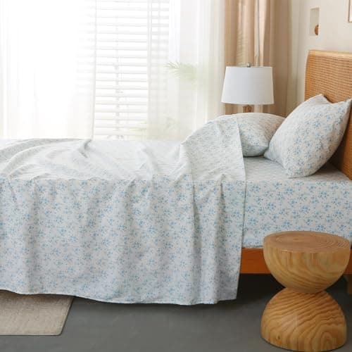 HYPREST Blue Floral King Bed Sheet Sets, Soft Breathable 4pcs Deep Pocket