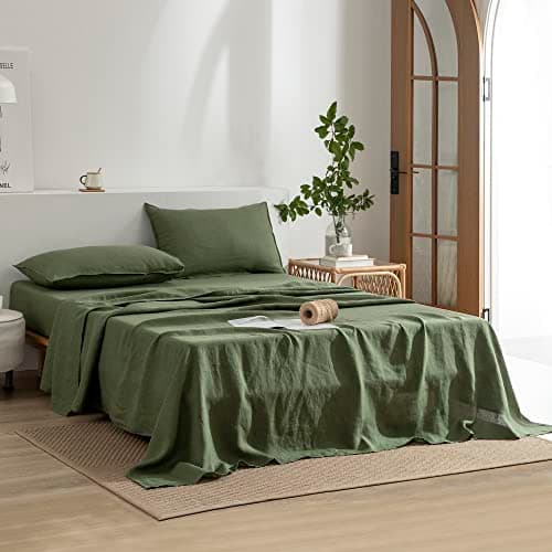 EVERLY Stonewashed French Linen Queen Sheet Set, Mossy Green, 4 PCS