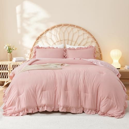 Litanika Queen Beige Ruffle Comforter Set, 3 Pieces, Fluffy Bedding