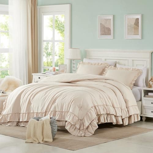 Cupocupa Beige Queen Comforter Set, 3PCs Ruffle Fluffy Bedding