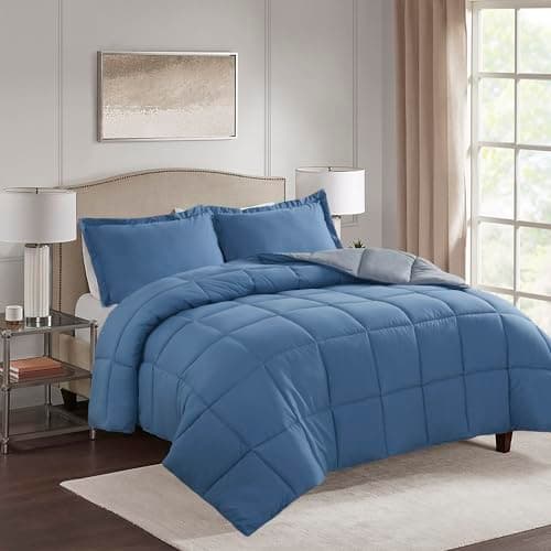 King Size Blue Down Alternative Comforter Set - Reversible Chic Quilt Design