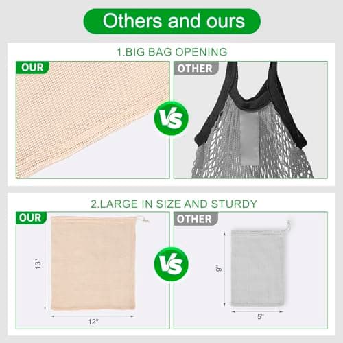 Reusable 12-Pack Cotton Mesh Produce Bags - Vegetable Storage, Farmers Market, Beach Bags, 4X Small, Medium, Large