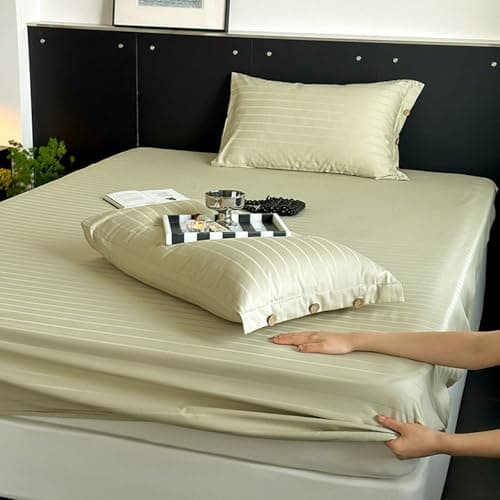 Light Green Thin Stripe 59"x79" Long Staple Cotton Queen 3 Piece Sheet Set