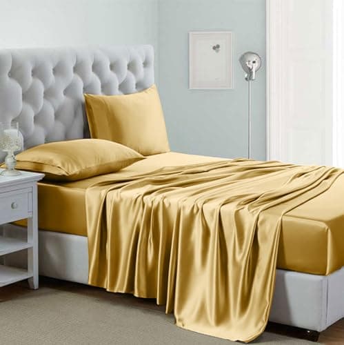 Soft Pink Silk Satin Sheets, Hypoallergenic Full Size Bedding Set, 4 Piece, Deep Pocket