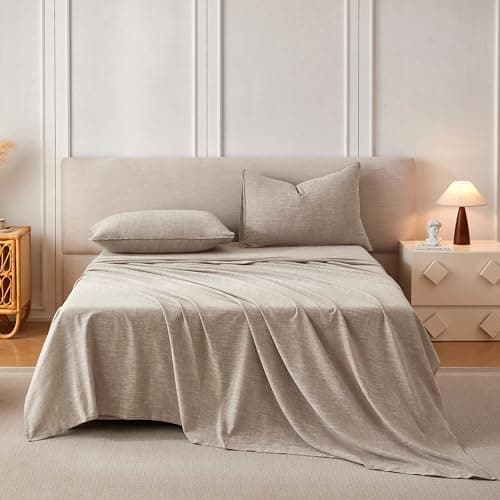 King Size Stonewashed Linen Cotton Sheets, Beige - Breathable & Soft, Slub Texture, All-Season Comfort, 4-Piece Set