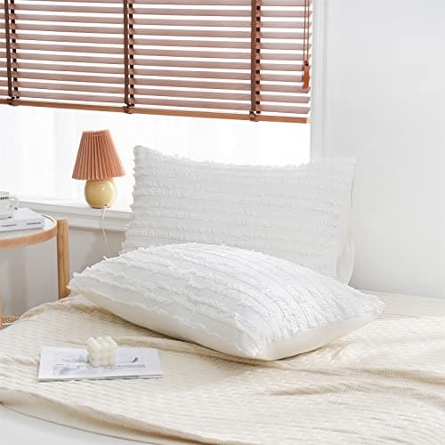 Cotton Tufted Pillowcases Set of 2 Linen Striped Jacquard Beige Standard Cover Pack