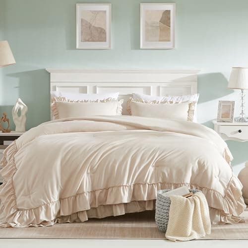 Cupocupa Beige Queen Comforter Set, 3PCs Ruffle Fluffy Bedding