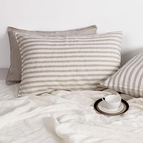 Set of 2 Striped Linen Pillow Cases, 20x30 Standard/Queen Size, 100% French Natural Flax Soft Linen Pillowcases