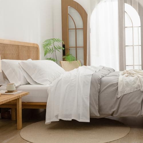 BESTOUCH Solid Linen Grey Queen Sheet Set 100% Washed Cotton