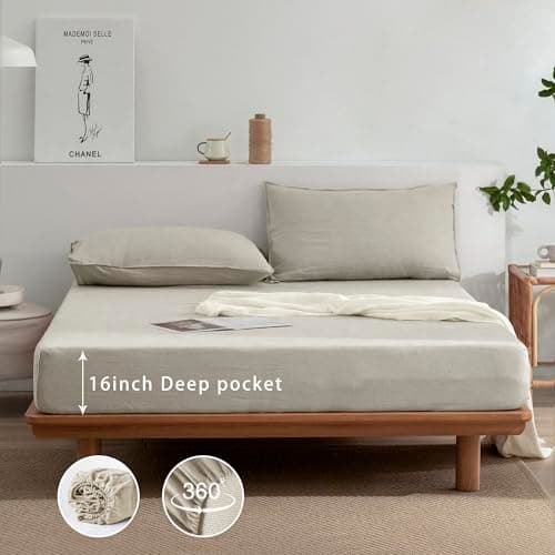 Everly Queen Size Linen Sheets Set, 4 Pieces Natural Bedding