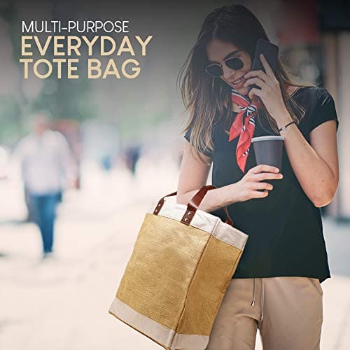 Jute French Market Tote Grocery Bag with Faux Leather Handles