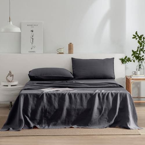 100% French Stonewash Pure Linen Sheets Set, 4Pieces, Suitable for Hot Sleepers, Saga Green, King Size