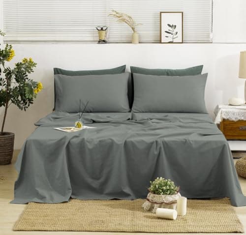 TUMEI 100% Natural Linen King Size Sheets Set - Soft & Durable 4PC Bedding