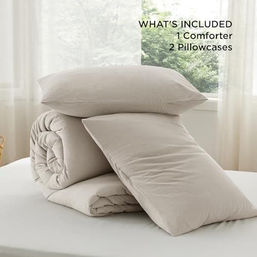 Queen Size Linen Color Comforter Set - Cotton Fabric with Microfiber Fill, 3 Pieces