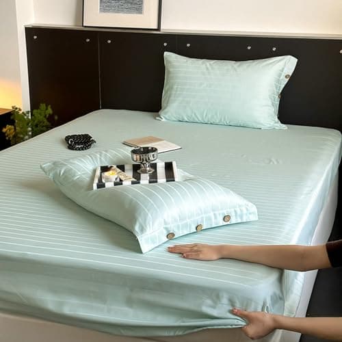 Light Green Thin Stripe 59"x79" Long Staple Cotton Queen 3 Piece Sheet Set