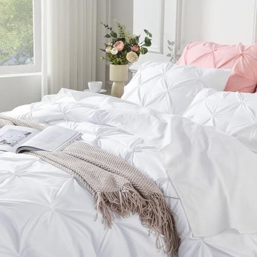 Andency White Queen Size Comforter Set, 3-Piece Cute Pinch Pleat bedding