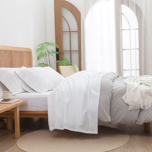 BESTOUCH Solid Linen Grey Queen Sheet Set 100% Washed Cotton