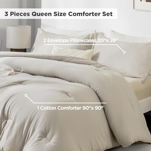 Grey Cotton Comforter Queen Size, Breathable Bedding Sets 3 Pieces for All Season
